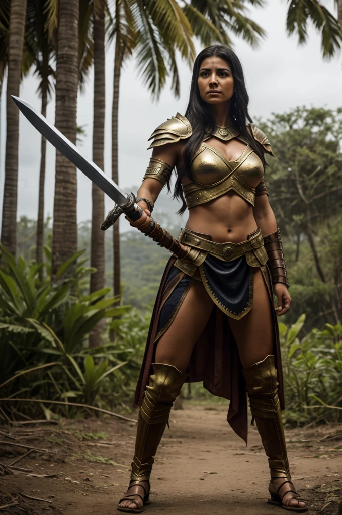 Warrior woman holding a sword in her left hand wearing an Amazon costume in Mexico in 2098