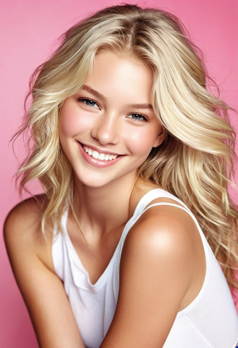 ((Beautiful)), young white teen, blonde hair, brightly smiling, in the style of Victoria’s Secret catalogs