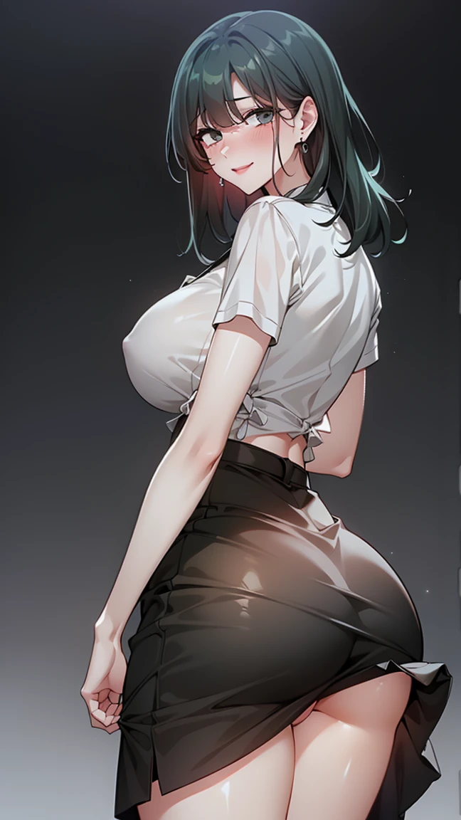 Green hair, long hair, back view detailed body, long belly , Slender body, tight body , thicc, huge breast , long thighs, masterpiece,best quality, official art, extremely detailed CG unity 8k wallpaper, ((top quality, 8k, masterpiece: 1.3, ultra hd, high quality, best quality, high definition, ((realism)), sharp focus: 1.5,(Very detailed CG unity 8K wallpaper), Dark Cinematic Lighting, cinematic lighting, large breasts, eaty face, seductive smile, earrings, Looking at the viewer, embarrassed, shy, blushing, , short hair, front view, wearing formal shirt white, dress tug, black skirt, night backgrounds, showing ass,sfw
