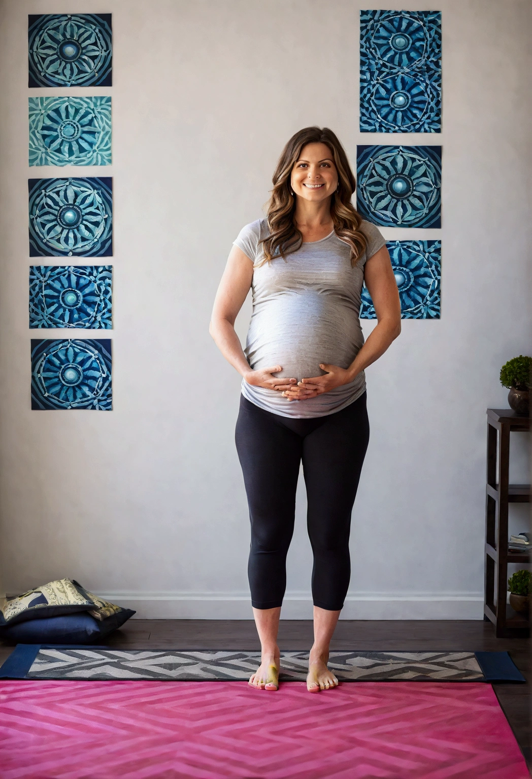 Project Title: Image Series - Steps to Mountain Pose (Tadasana) in Prenatal Yoga
I need a series of 5 images that explain step by step how to perform the mountain pose (Tadasana) in prenatal yoga. Each image must be clear and precise, showing a young adult model at each stage of the process. The model should look like she is taking photos for a prenatal yoga ebook digital product, in a quiet environment at home. The style should be relaxing and professional, with soft colors and a minimalist background.
Step 1: Starting Position
Description: Stand with your feet together or slightly apart, distributing your weight evenly.
Visual Cues: Show a young, pregnant woman standing with her feet together or slightly apart, looking directly at the camera. Calm background at home, minimalist.