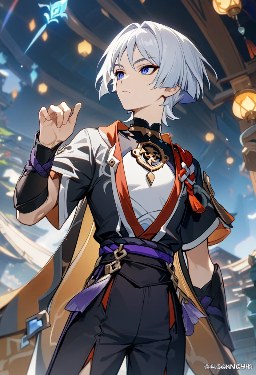 1 male, short hair,, two block white hair, blue eyes, scaramouche (genshin impact) outfit, (best quality,4k,highres,masterpiece:1.2), fantasy, slightly muscular, normal eyes