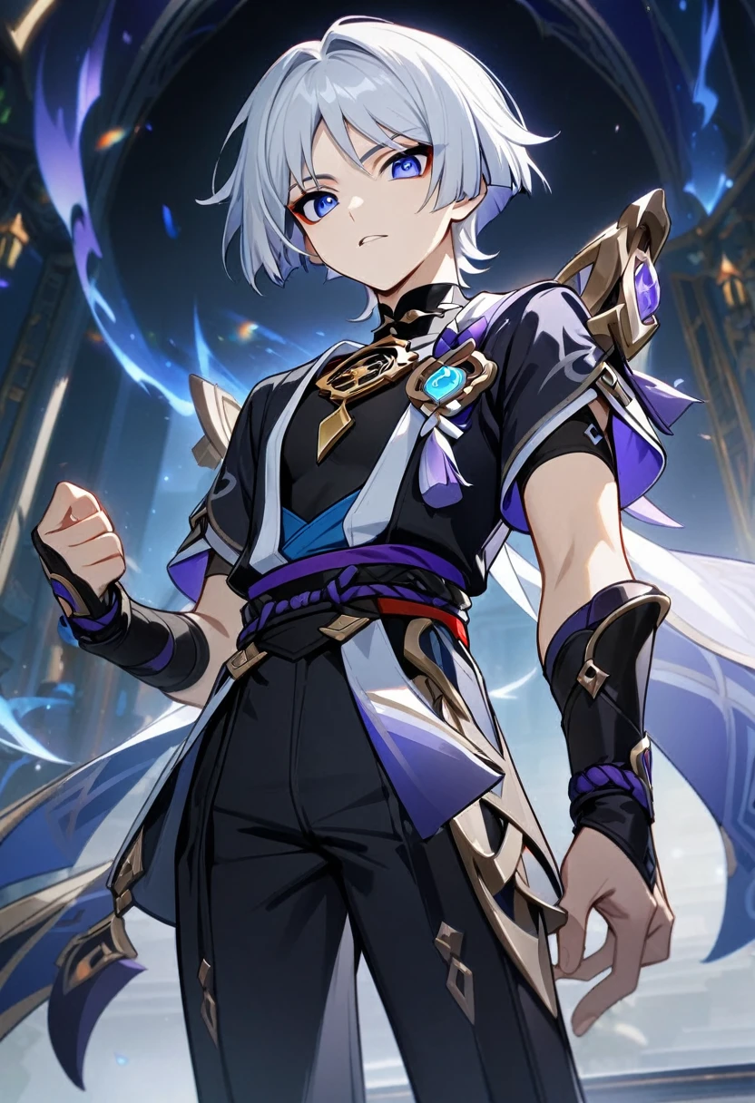 1 male, short hair,, two block white hair, blue eyes, scaramouche (genshin impact) outfit, (best quality,4k,highres,masterpiece:1.2), fantasy, slightly muscular, normal eyes