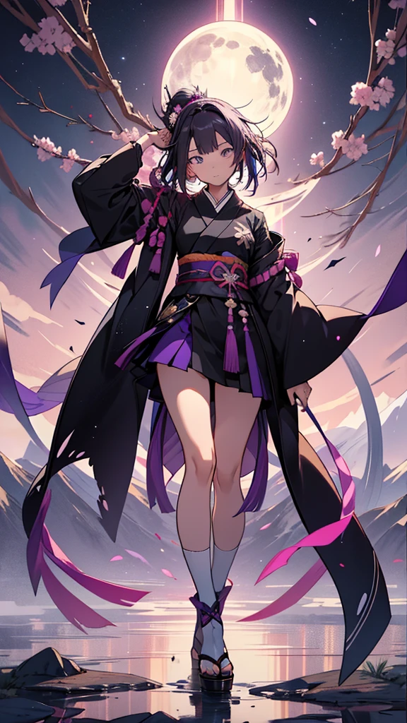skinny girl, ultra high definition, very detailed, shuriken, shot, bundled hair, whole body, traditional Japanese outfit, short skirt, 23 years old, destroyed planet background, two tone hair (black, purple), Cheng'an, beautiful eyes, Adult, holding a weapon