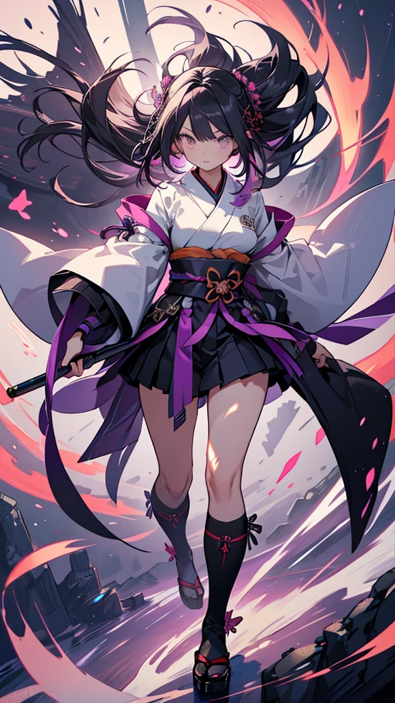 skinny girl, ultra high definition, very detailed, shuriken, shot, bundled hair, whole body, traditional Japanese outfit, short skirt, 23 years old, destroyed planet background, two tone hair (black, purple), Cheng'an, beautiful eyes, Adult, holding a weapon