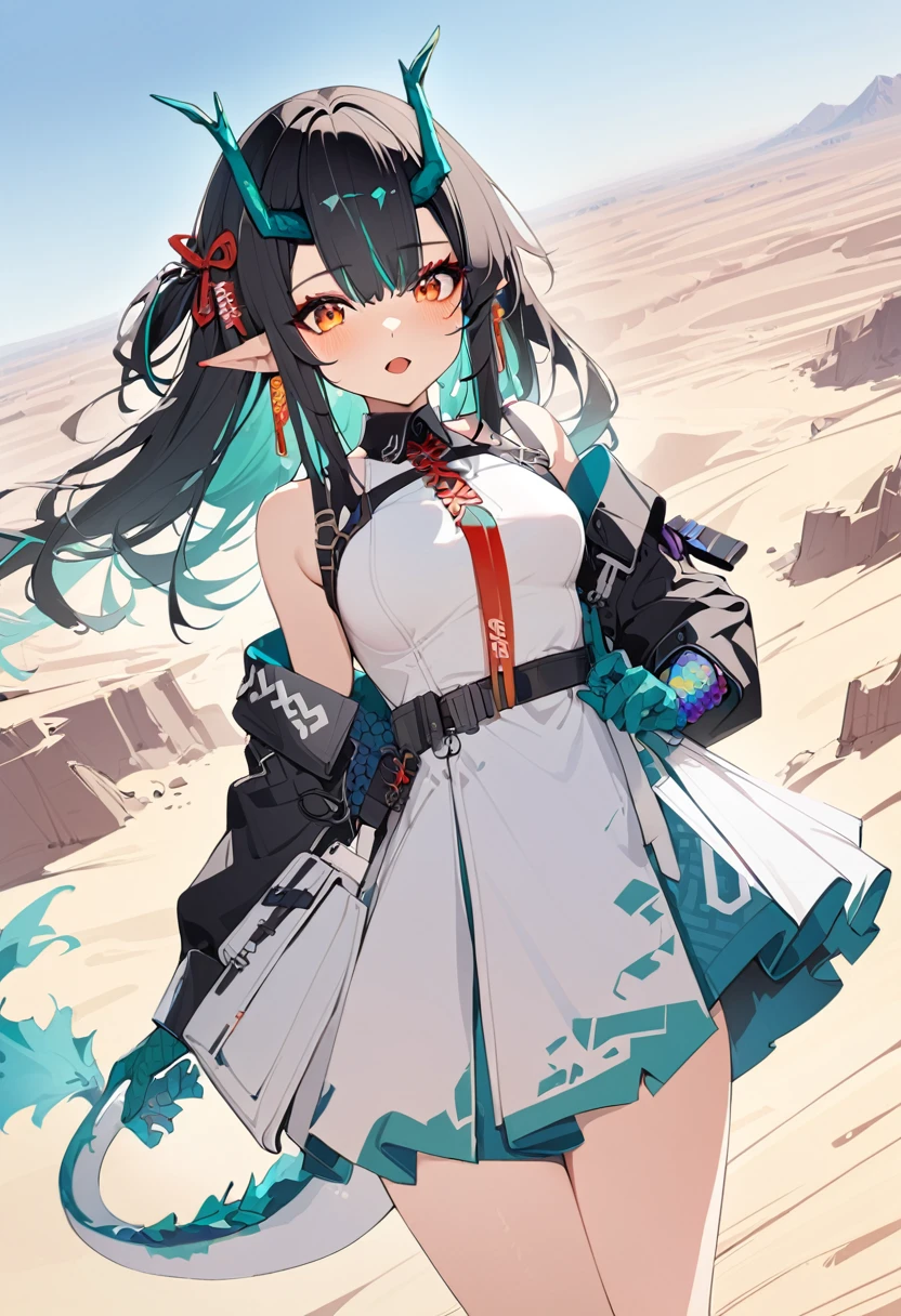 1girl, dusk \(arknights\), arknights,(masterpiece, best quality), newest, dress , original outfit , black hair, horns, agm, dragon tail , orange eyes, desert , happy , open mouth