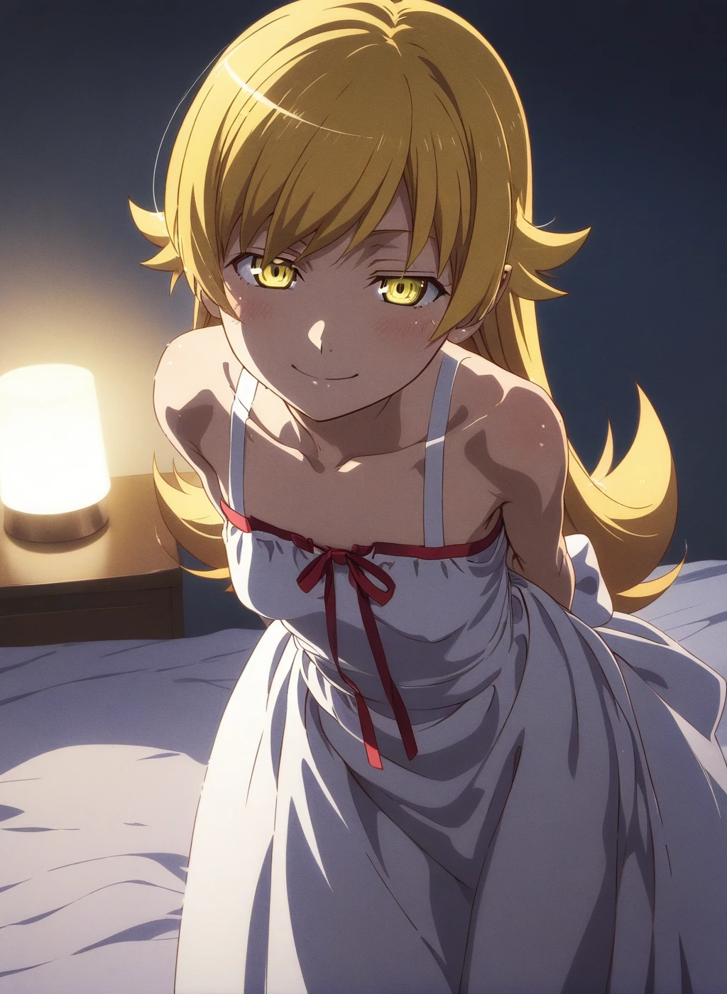 best quality, amazing quality, very aesthetic, absurdres, (1girl,  oshino shinobu, monogatari \(series\), solo, blonde eyes, blonde hair, small breasts), (realistic face:0.9),(gown:1.8), (smile, night, thigh:1.3), (cowboy shot), (glowing eyes), (half closed eyes:0.9), (from above0.7), (), (bent over, arms behind back:1.4), (blush:0.7), expressive eyes, perfect face, 4k, extremely detailed anime illustration, extremely detailed eyes, perfect anatomy, light rays, extremely delicate body, smooth skin, (bedroom background:1.5), clear eyes, beautiful face, smiling at viewer, (anime style:1.7), (cinematic Light:1.5), (highres:2),