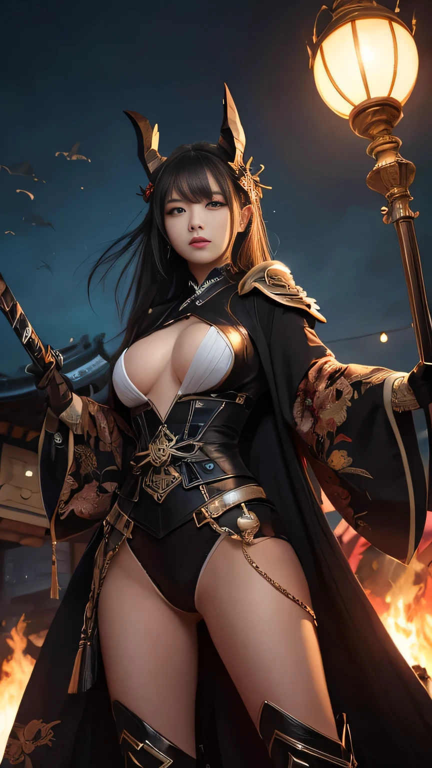 female, Holding a black sickle emblazoned with a symbol of Japan signifying death, Black flames emerge from the decoration., A dragon came out of it、A black wind blows with the ghost of a skull, Judy female with perfect face and scythe is wearing the appropriate outfit of scythe steel, The female has black hair, The woman is the incarnation of the Grim Reaper., (The background of the CG 8k module is very detailed) (Highest quality), (Best illustrations), (Best shade), Very detailed t--v6