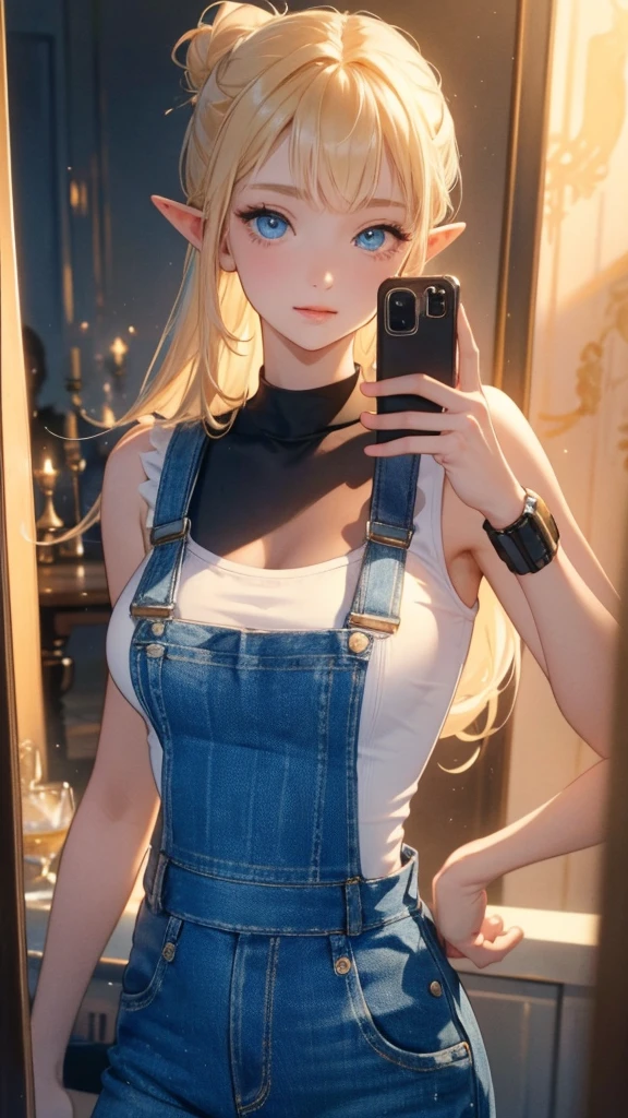 work of art, epic details, ultra detaild, high resolution, blonder woman, beautiful elf, hair tied into an elegant bun, angelic face with soft features, slim body, wearing denim overalls and a fitted white tank top, delicate and well-defined hands, expression of happiness, big friendly and simple smile, Scenario: a bright room, supper: taking a photo in front of the mirror, no mistakes, epic details no rosto, large, expressive eyes, modest and elegant behavior