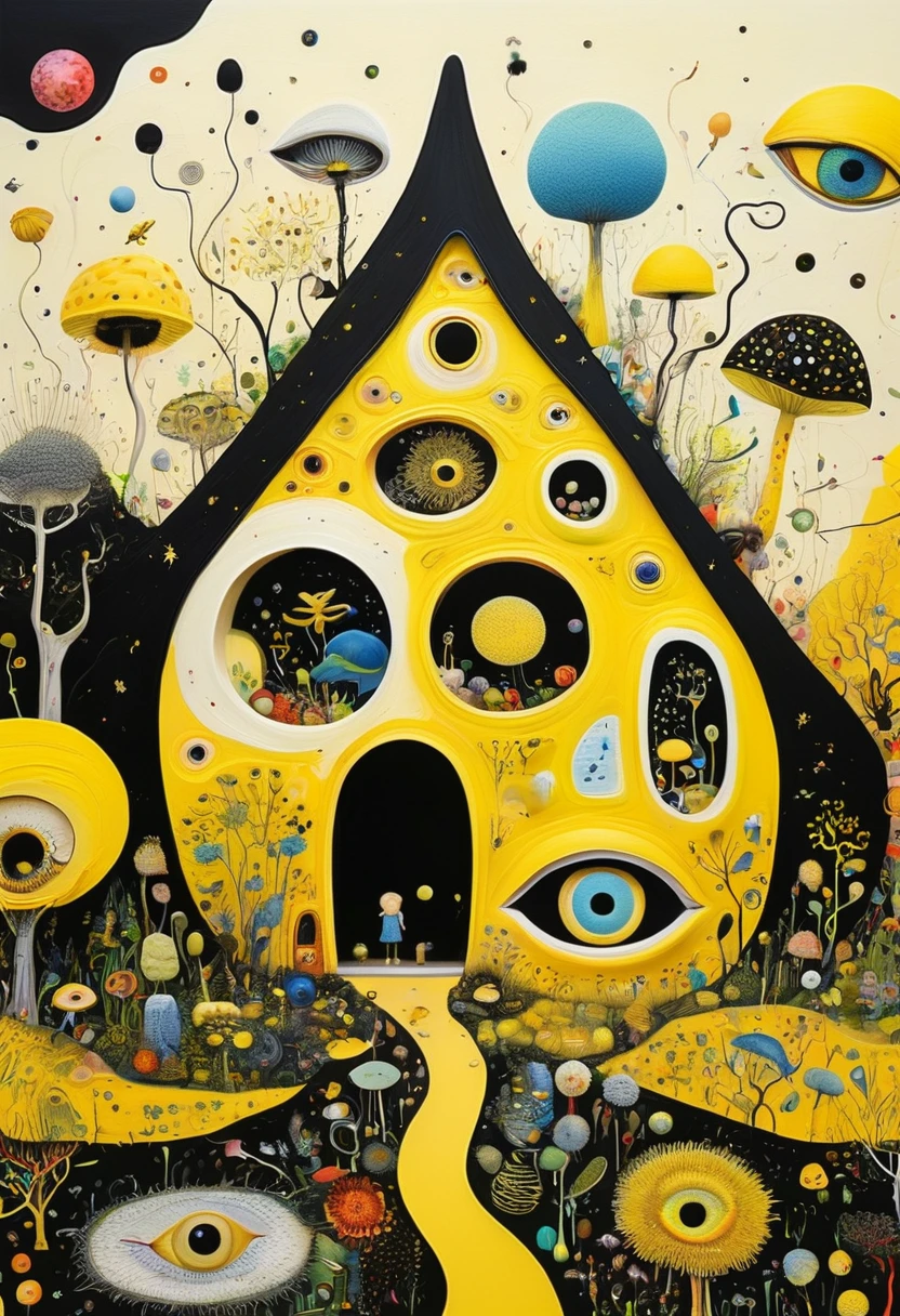 Intense visual fusion of various elements，broto，microorganism、plantar、house、Eye、wild animal life，Stitching an abstract painting，Describing the inner world of autistic people，Sense of space，blank space，interesting，innocence，psychedelic art，yellow and black,3d