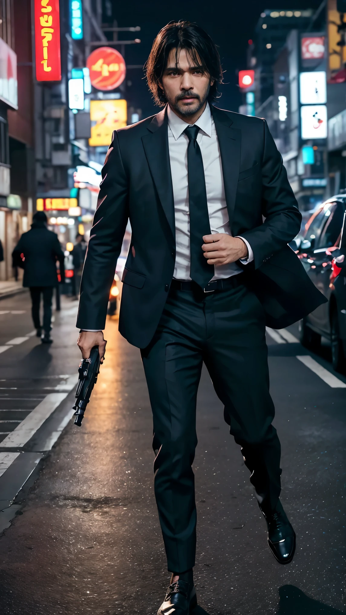 (Highest quality, Ultra HD, 16k, Masterpiece) Pawan Kalyan, portraying a character akin to John Wick, strides with purpose through the neon-lit streets of Tokyo at night. The shot is a medium view that captures him and the vibrant cityscape around him. Pawan Kalyan has a stoic and determined expression, his rugged features highlighted by subtle shadows and the glow of city lights. His hair is swept back, adding to his sharp and focused demeanor. He is dressed in a sleek, tailored suit that exudes both elegance and lethality. The suit, dark in color, fits him perfectly, accentuating his athletic physique. Underneath the jacket, he wears a crisp dress shirt with an open collar, revealing a hint of a tactical vest and holster harness underneath. His pants are tailored for movement, paired with polished leather shoes that reflect the city's lights with each step. Pawan Kalyan holds a customized pistol in one hand, the weapon gleaming under the neon lights, held in a stylized and confident manner akin to John Wick's iconic pose. His other hand rests casually in his pocket, a subtle yet powerful gesture that adds to his aura of calm readiness. In the background, Tokyo's streets buzz with life, illuminated by a myriad of neon signs and bustling with a blend of traditional and modern architecture. The city skyline looms in the distance, a testament to its vibrant and dynamic atmosphere. The shot captures the essence of urban elegance and danger, with Pawan Kalyan's presence as the focal point amidst the city's nocturnal energy. The lighting is cinematic, with contrasts that emphasize both the sharp lines of his attire and the depth of the urban backdrop. The overall scene encapsulates the essence of a modern-day warrior navigating a world where danger lurks around every corner, blending style with lethal precision. Zoomed out shot, long shot, (((long shot)))