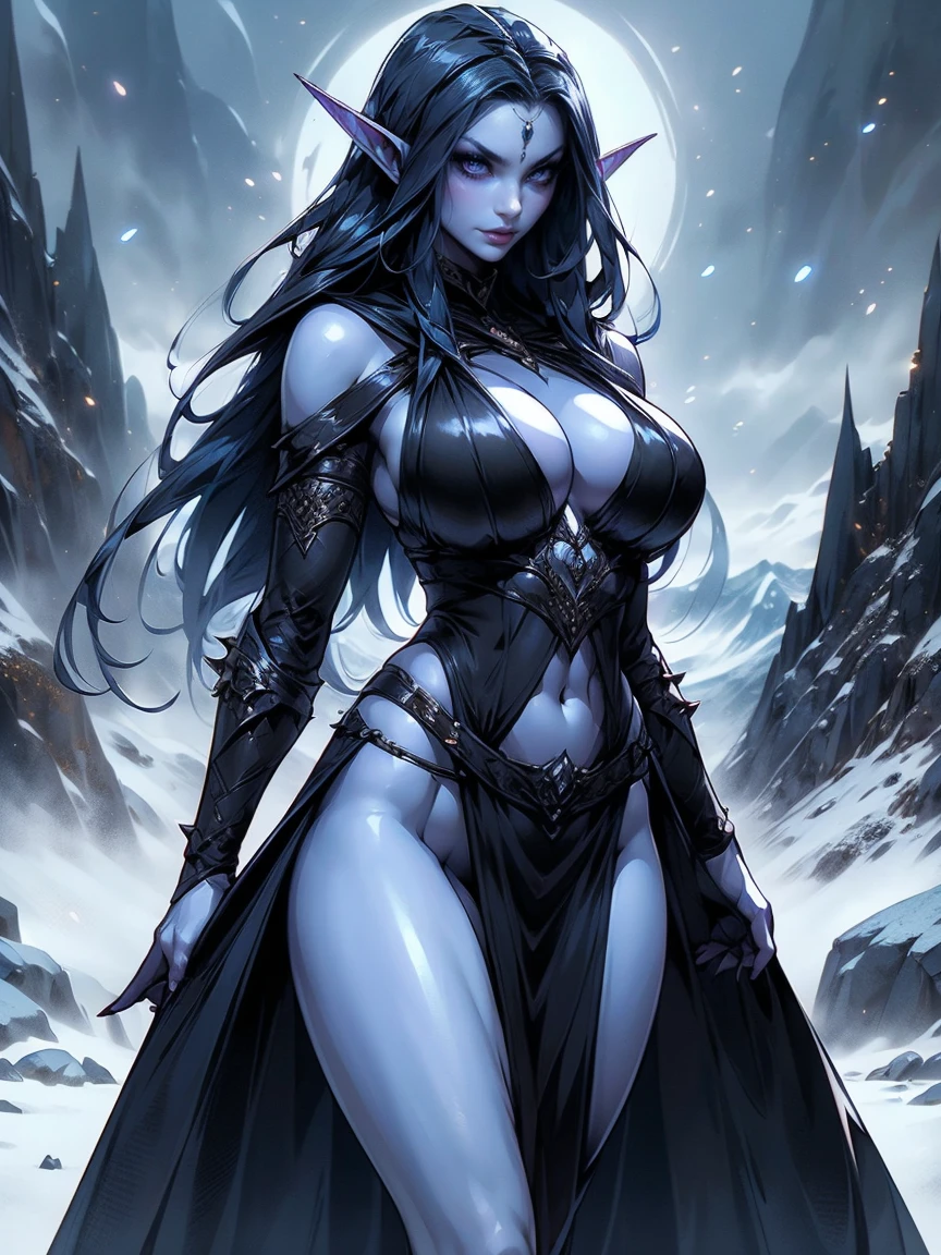 (masterpiece, top quality, best quality, official art, beautiful and aesthetic:1.2), (1girl:1.3), ((Sharp facial features, sharp features, hawkish features)), ((big hair, long elf ears, long black hair)), (((pale purple skin, pale blue skin, blue skin, purple skin))), big tiddy dark elf girl, extremely detailed, portrait, looking at viewer, solo, (full body:0.6), detailed background, full-body shot, (cold night mountain theme:1.1), dark elf war dancer, (spiky winged helmet), charlatan, smirk, mysterious, swaying in mountains, skimpy attire, revealing gladiatrix costume, ebony metal, gold filigree, long boots, dual knives, blood red fabric, pelvic curtain, loincloth, black leather, ((((cleavage, skindentation, long legs, pelvic curtain)))), cute belly button, toned tummy, slim waist, slim hips, long legs, medieval (mountain exterior:1.1) background, dark mysterious lighting, shadows, magical atmosphere, dutch angle