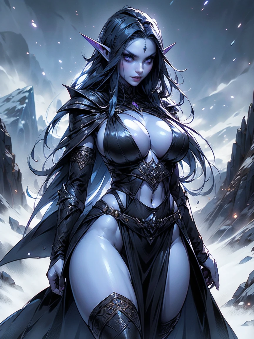 (masterpiece, top quality, best quality, official art, beautiful and aesthetic:1.2), (1girl:1.3), ((Sharp facial features, sharp features, hawkish features)), ((big hair, long elf ears, long black hair)), (((pale purple skin, pale blue skin, blue skin, purple skin))), big tiddy dark elf girl, extremely detailed, portrait, looking at viewer, solo, (full body:0.6), detailed background, full-body shot, (cold night mountain theme:1.1), dark elf war dancer, (spiky winged helmet), charlatan, smirk, mysterious, swaying in mountains, skimpy attire, revealing gladiatrix costume, ebony metal, gold filigree, long boots, dual knives, blood red fabric, pelvic curtain, loincloth, black leather, ((((cleavage, skindentation, long legs, pelvic curtain)))), cute belly button, toned tummy, slim waist, slim hips, long legs, medieval (mountain exterior:1.1) background, dark mysterious lighting, shadows, magical atmosphere, dutch angle