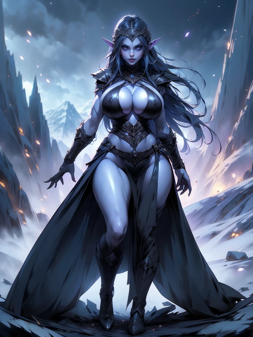 (masterpiece, top quality, best quality, official art, beautiful and aesthetic:1.2), (1girl:1.3), ((Sharp facial features, sharp features, hawkish features)), ((big hair, long elf ears, long black hair)), (((pale purple skin, pale blue skin, blue skin, purple skin))), big tits dark elf girl, extremely detailed, portrait, looking at viewer, solo, (full body:0.6), detailed background, full-body shot, (cold night mountain theme:1.1), dark elf war dancer, (spiky winged helmet), charlatan, smirk, mysterious, swaying in mountains, skimpy attire, revealing gladiatrix costume, ebony metal, gold filigree, long boots, dual knives, blood red fabric, pelvic curtain, loincloth, black leather, ((((cleavage, skindentation, long legs, pelvic curtain)))), cute belly button, toned tummy, slim waist, slim hips, long legs, medieval (mountain exterior:1.1) background, dark mysterious lighting, shadows, magical atmosphere, dutch angle