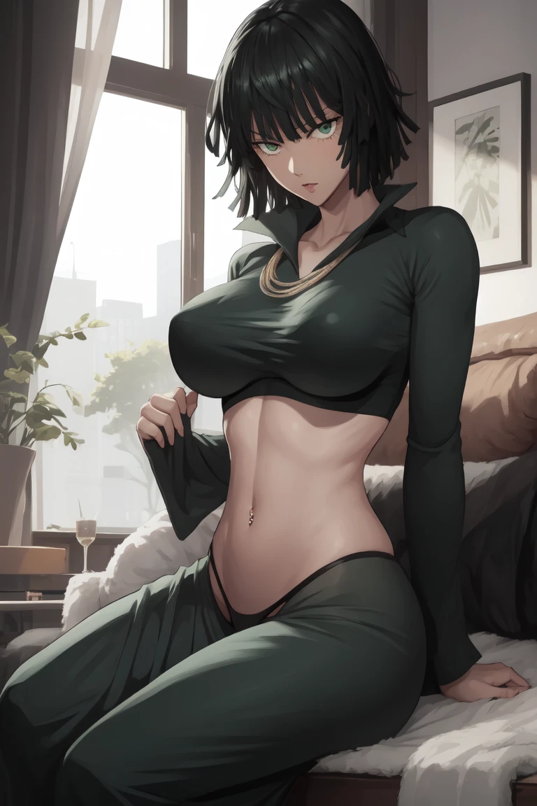 Fubuki from one punch man, is sitting by spreading legs, revealing her green panty, high quality, highly detailed, big breasts, wearing bra and panty, sexy thick body, hot body, 4k, High quality, highly detailed, body propotion, blush, plants and flowers in background, thick body, navel piercing on navel, ((sexy)), ((4k)), ((navel piercing))