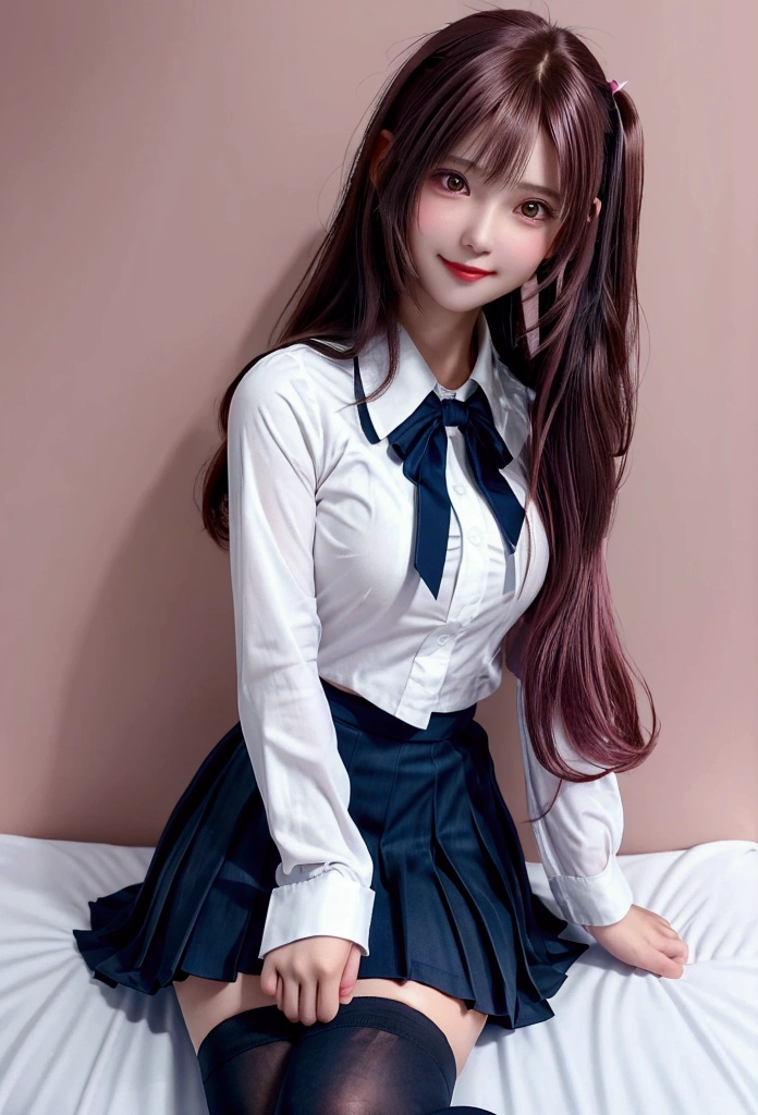 Highest quality,girl,high school girl,uniform,,White shirt,Navy blue pleated skirt,Black knee-highs,Brown and pink hair,Brown eyes,cute,Sitting,Bob Hair,smile,Twin tails,