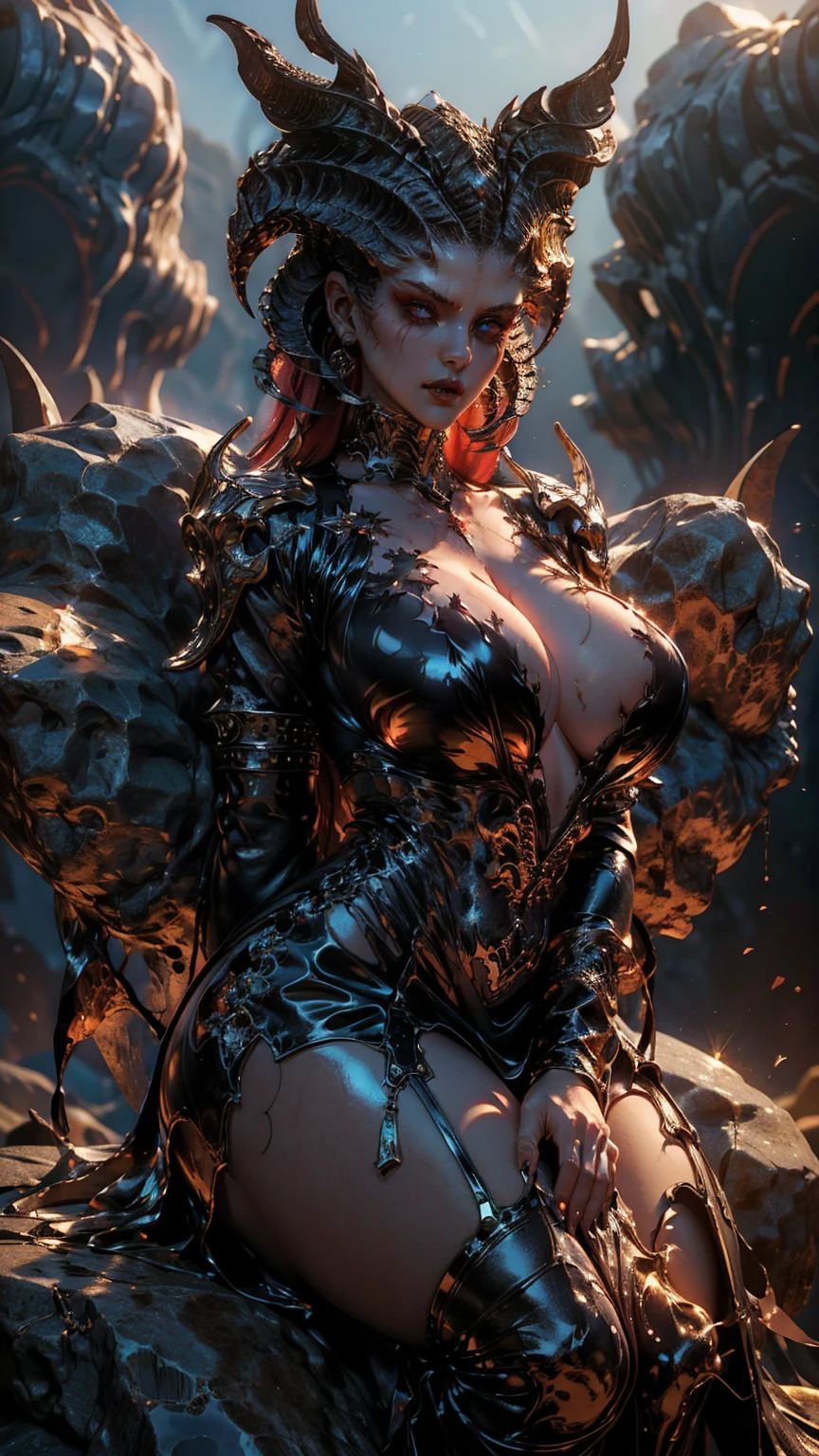 (score_9,score_8_above,score_7_above),1 girl,demon girl,Red hair,Red eyes,Alas,claws,black dress,beautiful_face, ((huge perky breasts, deep cleavage 1.8, thick thighs, curvy figure, oily skin, oily body, shiny skin))((sitting on rock))