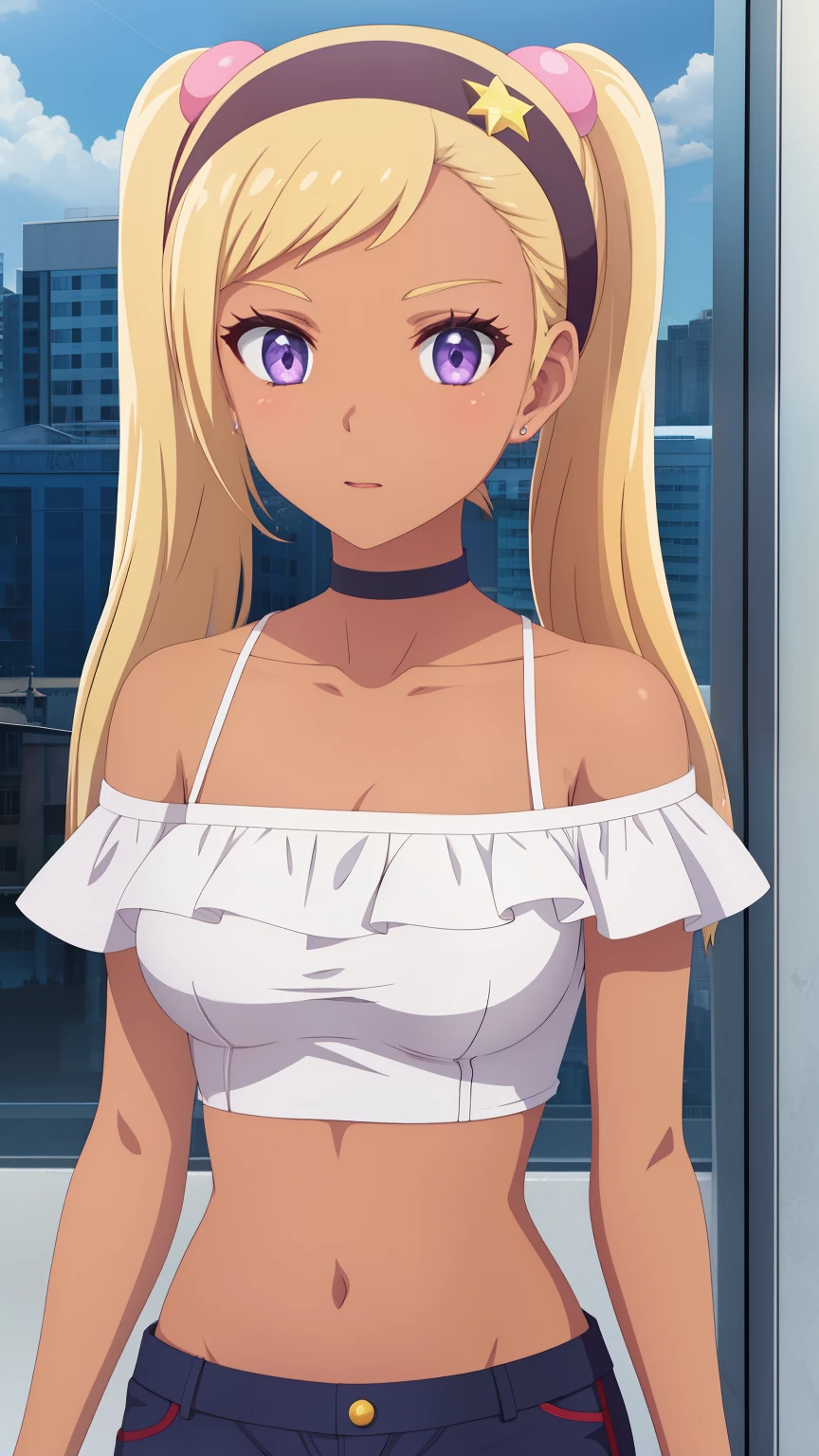 QUITTERIE RAFFAELI, LONG HAIR, BLONDE HAIR, TWINTAILS, PURPLE EYES, HAIRBAND, DARK SKIN, DARK-SKINNED girl, JEWELRY, EARRINGS, 1girl, solo, masterpiece, illustration, game CG, absurdres, highly detailed, collarbone, crop top, off the shoulder, city