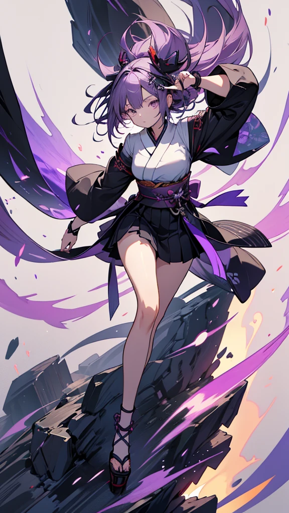 skinny girl, ultra high definition, very detailed, shuriken, shot, bundled hair, whole body, traditional Japanese outfit, short skirt, 23 years old, destroyed planet background, two tone hair (black, purple), Cheng'an, beautiful eyes, Adult, holding a weapon