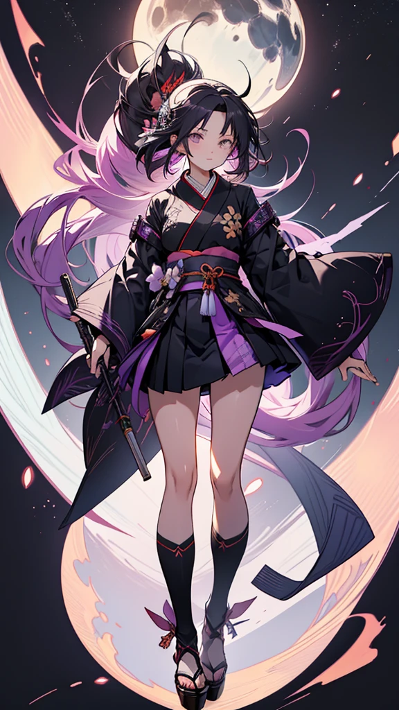 skinny girl, ultra high definition, very detailed, shuriken, shot, bundled hair, whole body, traditional Japanese outfit, short skirt, 23 years old, destroyed planet background, two tone hair (black, purple), Cheng'an, beautiful eyes, Adult, holding a weapon
