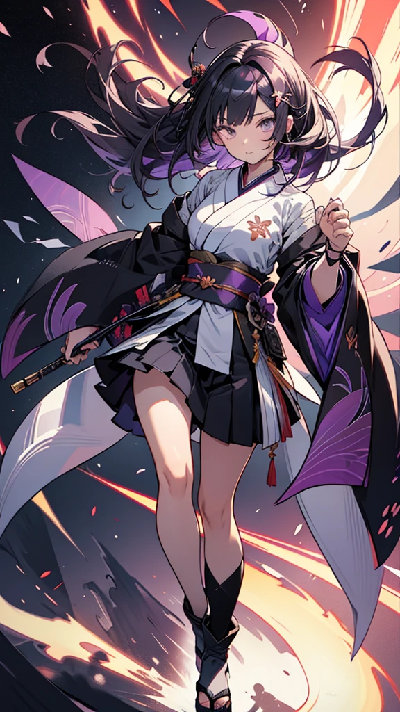 skinny girl, ultra high definition, very detailed, shuriken, shot, bundled hair, whole body, traditional Japanese outfit, short skirt, 23 years old, destroyed planet background, two tone hair (black, purple), Cheng'an, beautiful eyes, , holding a weapon