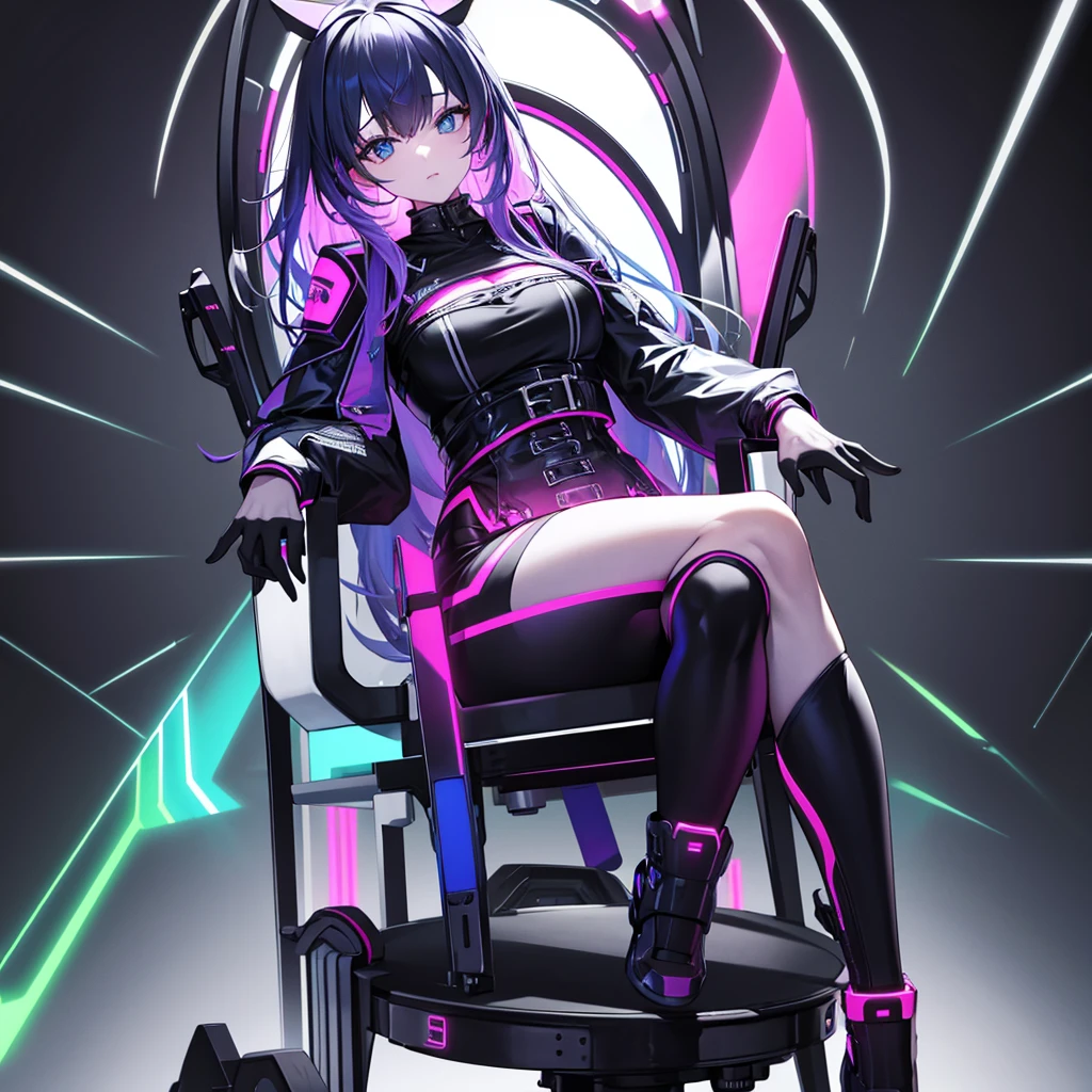 1 PC woman sitting in a chair. Tall. RGB lights on body. Black clothes. Multi colored lights all over her.