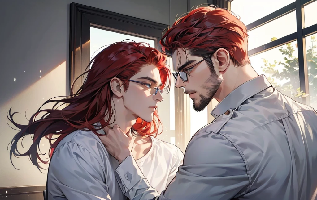 ((profile pic)), (best quality detailed image beautiful image 8K photorealistic dramatic lighting 1:1) (digital art digital illustration) (camera focused on face) (cold colors dim lighting) Art Manhwa 29 year old cold man very handsome red hair in back gel style, elegant clothes light green eyes (piercing gaze cold expression perfect face perfect lines) Teacher, university, Classroom, ((black glasses)), handsome teacher, Serious and cold look, ((Male square face)), short beard, Sweater and smart white closed dress shirt, Lonely, Thick masculine nose, ((light beard)), everything perfectly put on, ((hair perfectly combed))