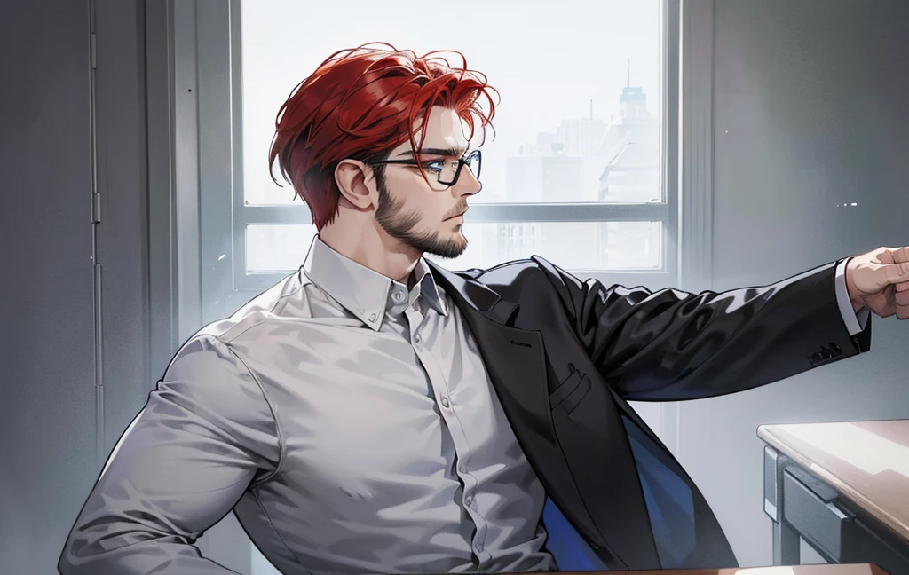 ((profile pic)), (best quality detailed image beautiful image 8K photorealistic dramatic lighting 1:1) (digital art digital illustration) (camera focused on face) (cold colors dim lighting) Art Manhwa 29 year old cold man very handsome red hair in back gel style, elegant clothes light green eyes (piercing gaze cold expression perfect face perfect lines) Teacher, university, Classroom, ((black glasses)), handsome teacher, Serious and cold look, ((Male square face)), short beard, Sweater and smart white closed dress shirt, Lonely, Thick masculine nose, ((light beard)), everything perfectly put on, ((hair perfectly combed))