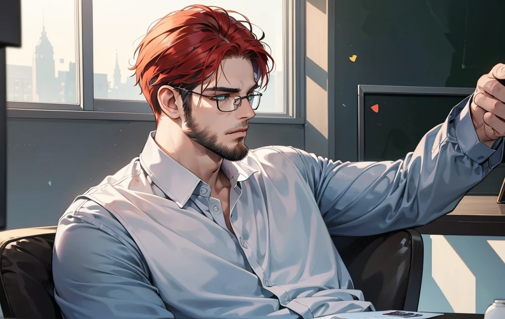 ((profile pic)), (best quality detailed image beautiful image 8K photorealistic dramatic lighting 1:1) (digital art digital illustration) (camera focused on face) (cold colors dim lighting) Art Manhwa 29 year old cold man very handsome red hair in back gel style, elegant clothes light green eyes (piercing gaze cold expression perfect face perfect lines) Teacher, university, Classroom, ((black glasses)), handsome teacher, Serious and cold look, ((Male square face)), short beard, Sweater and smart white closed dress shirt, Lonely, Thick masculine nose, ((light beard)), everything perfectly put on, ((hair perfectly combed))