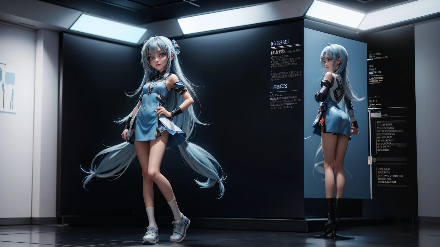 cute Japanese girl in a gaming dress , long hairs , blue hairs, blue hairs, dress, gaming , smiling face, short dress full straight standing pose, , , Full body, modern girl, games girl, Simple white background,, Concept art, design sheet, HD, full body, standing, modern futuristic dress, front view