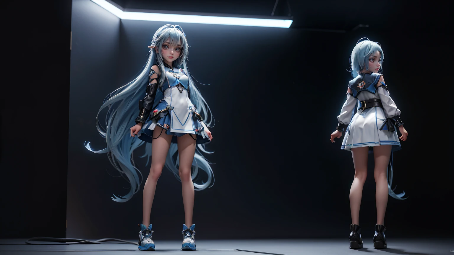cute Japanese girl in a gaming dress , long hairs , blue hairs, blue hairs, dress, gaming , smiling face, short dress full straight standing pose, 14yo student, , Full body, modern girl, games girl, Simple white background,, Concept art, design sheet, HD, full body, standing, modern futuristic dress, front view