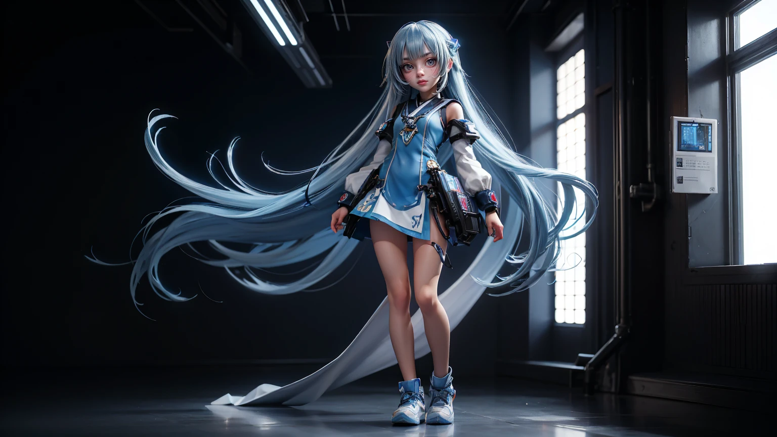 cute Japanese girl in a gaming dress , long hairs , blue hairs, blue hairs, dress, gaming , smiling face, short dress full straight standing pose, student, , Full body, modern girl, games girl, Simple white background,, Concept art, design sheet, HD, full body, standing, modern futuristic dress, front view