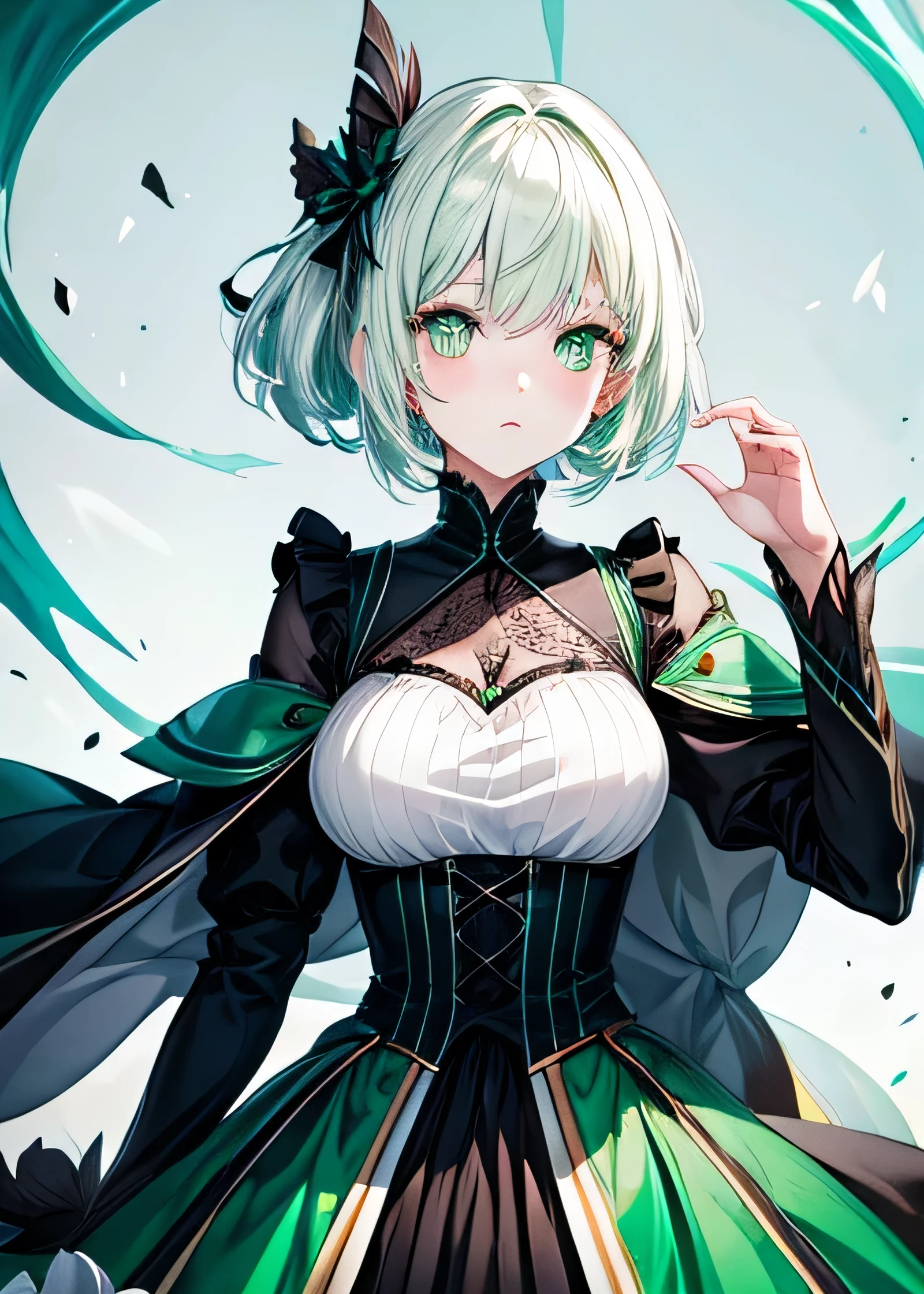  1 pale garota, light green eyes, short white hair, black gown