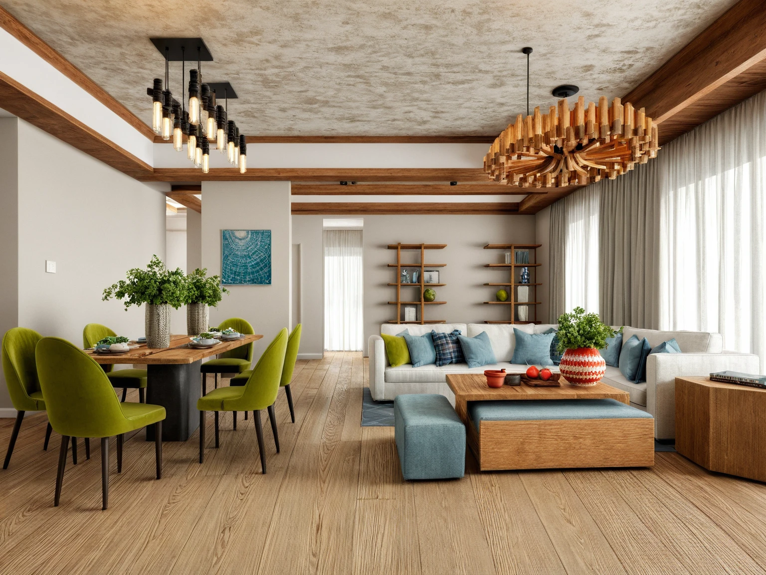 Raw photo, Masterpiece, high quality, best quality, authentic, super detail,
Rustic Farmhouse,
Evokes a sense of warmth, comfort, and nostalgia, Think exposed beams, natural textures, and furniture with a vintage or handcrafted feel,
This style utilizes a warm and inviting palette with creams, beiges, and light browns as the base, Accents of green, blue, or red can be used to bring in a touch of color reminiscent of nature, Natural materials like wood and stone are heavily featured,