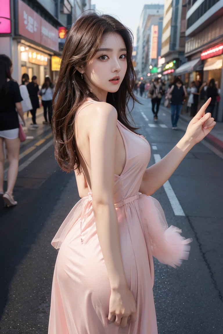 masterpiece, high resolution, best quality, Very detailed, pink eyes, beautiful Korean woman, long pink dress，in the busy street，long hair, big breast, cleavage, long legs, backless dress, exposing dress, luxurious dress, see through clothes, naughty, center of attention, people pointing, vibrator, wet pussy