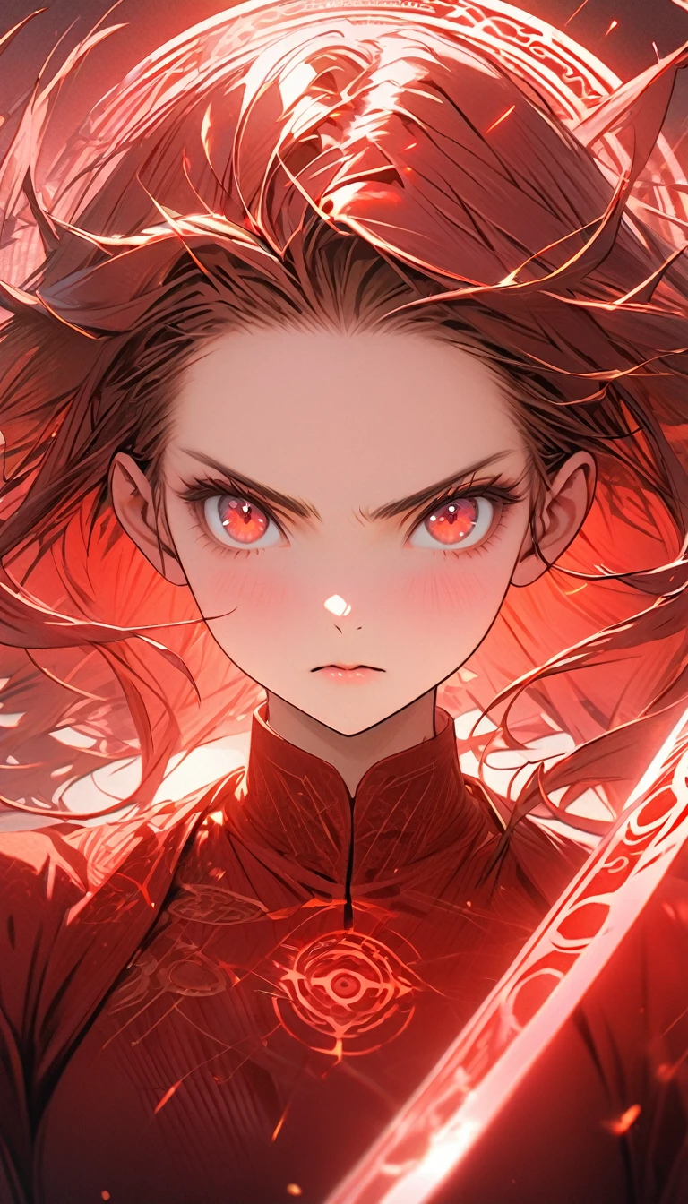 1girl,red curtain hair forehead,glowing katana,red glowing eldritch magic circle, serious,calm perfect body,closeup,8k,high definition,