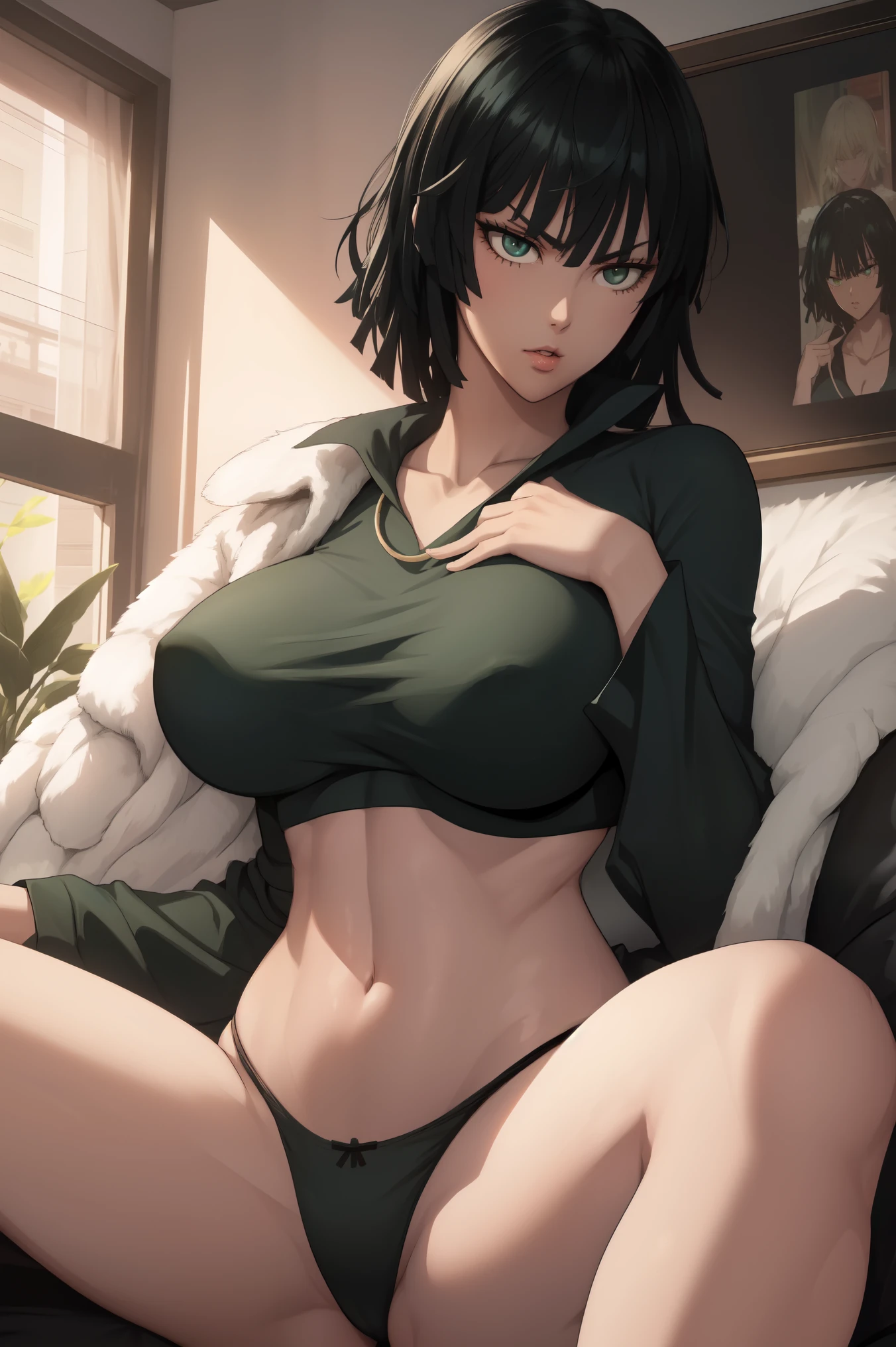Fubuki from one punch man, is sitting by spreading legs, revealing her green panty, high quality, highly detailed, big breasts, wearing bra and panty, sexy thick body, hot body, 4k, High quality, highly detailed, body propotion, blush, plants and flowers in background, thick body, navel piercing on navel, ((sexy)), ((4k)), ((navel piercing))