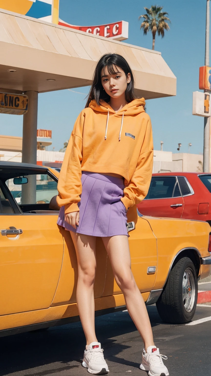 (medium shot portrait) one of cute 23 yo girl ,wear ((orange color oversized_hoodie)), wear ((purple tennis skirt)),looking front,Best Quality,Masterpiece,Ultra High Resolution,(Realisticity:1.4),Original Photo, 1Girl, light leak,ultra high resolution,UHD,beautiful, (black straight hair), almond eye, no makeup, in front of ((80's los angels colorful gas station)), (realistic:1.2), (surreal:1.3), (very detailed:1.1), ((masterpiece)),summer, blue sky, palm trees,sunny, los angles vibes,film camera, 800mm lens,style of Philip Lorca diCorcia