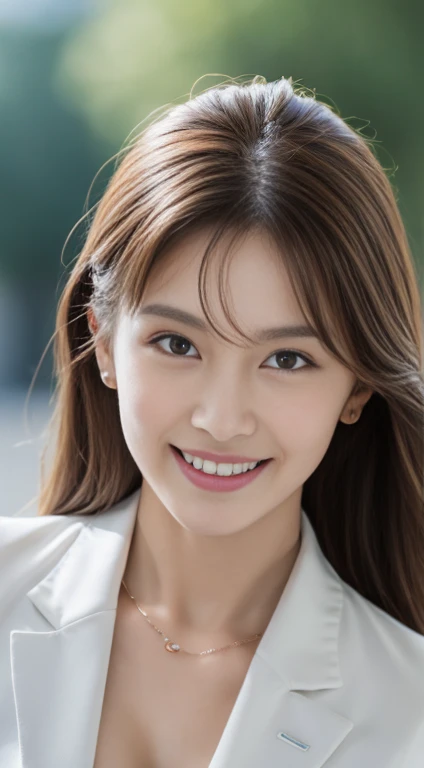 Highest quality, Realistic, Very detailed, In detail, High resolution, 8k wallpaper, One beautiful woman,, Light brown messy hair, Wearing a business suit, Sharp focus, Perfect dynamic composition, Beautiful attention to detail, Fine hair, Detailed and realistic skin texture, smile, Close-up portrait、Model body type、、Very small breasts、whole body