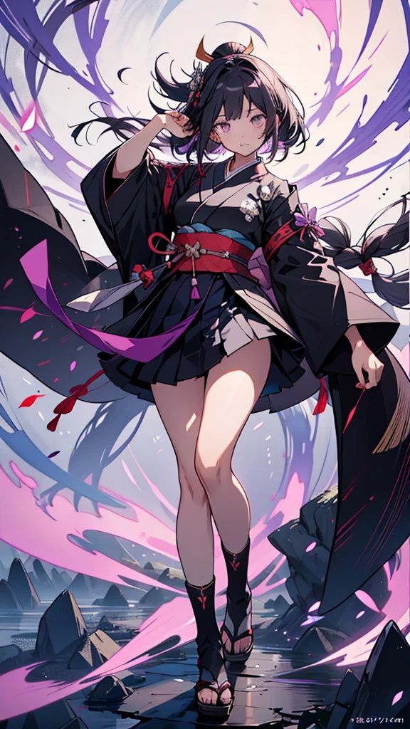 skinny girl, ultra high definition, very detailed, shuriken, shot, Half-tied hair, whole body, traditional Japanese outfit, short skirt, 23 years old, destroyed planet background, two tone hair (black, purple), Cheng'an, beautiful eyes, Adult, holding a weapon