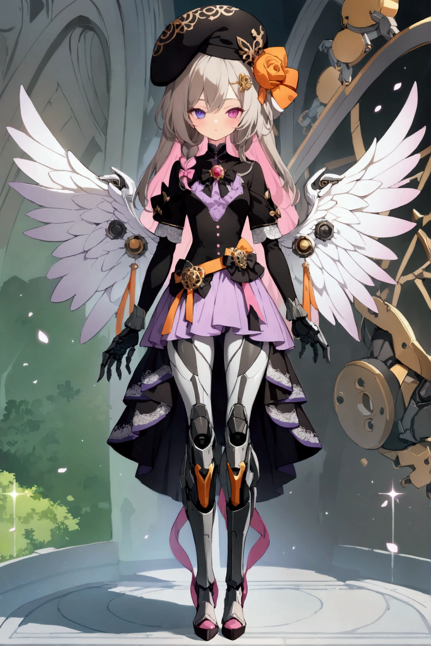 woman 160 cm tall, slim build, , charming look, ((heterocromia: look like, derecho naranja y look like izquierdo violeta)), (gray hair with pink details wavy shoulder length, He has a medium braid on the left side of his hair on his chest., big open bangs, has a gear hairpin on the left side of the hair), (((complex mechanical legs up to the hip, The legs are black with gray parts with small pink details))), (((complex mechanical arms up to the elbows, The arms are black with gray parts with small pink details))), (complex mechanical angel wings of white color with dark gray parts), elegant black French beret with an orange rose ribbon, golden gear in the beret next to the ribbon, (elegant thigh-length one-piece dress, bell skirt, short sleeves, elegant black hip belt with orange parts, small rose brooch in the middle of the chest, beautiful stiletto heels, blue and black ribbon decorations on the dress, (((character design sheet: Front view))), ((Whole body)), extremely detailed beautiful hair, beautiful detailed dress, extremely detailed arms, extremely detailed face, (Extremely detailed hands), perfect hands, small face, hermosos look likes detallados, beautiful detailed lips, adorable, extremely detailed legs, (Best Quality, 8k, High resolution), ultra detailed, Exquisite and epic character art, ((White background)), (Focus on symmetry).