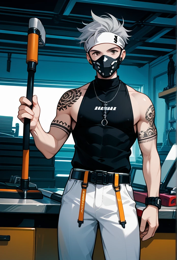 masterpiece, best quality, male, (masked face, full mask, covered face), black visor, white bandana, gray hair, short hair, spiky hair, mature body, muscular body, mechanic pants, tool belt, toolkit belt, workshop, tattoos, covered in tattoos, dragon tattoo, holding hammer