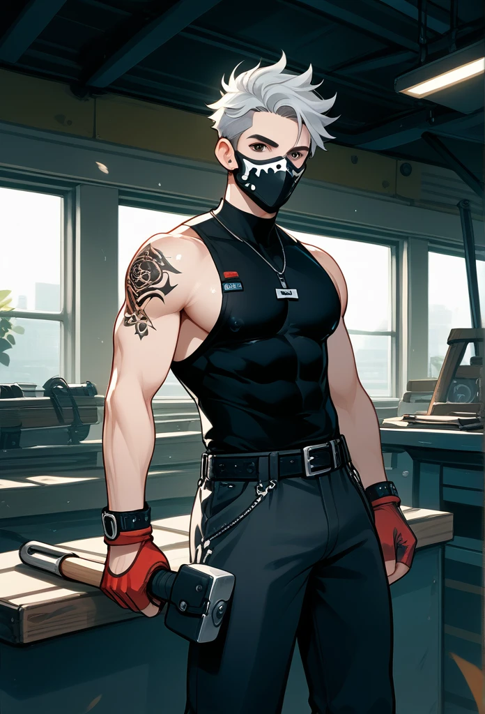 masterpiece, best quality, male, (masked face, full mask, covered face), black visor, white bandana, gray hair, short hair, spiky hair, mature body, muscular body, mechanic pants, tool belt, toolkit belt, workshop, tattoos, covered in tattoos, dragon tattoo, holding hammer