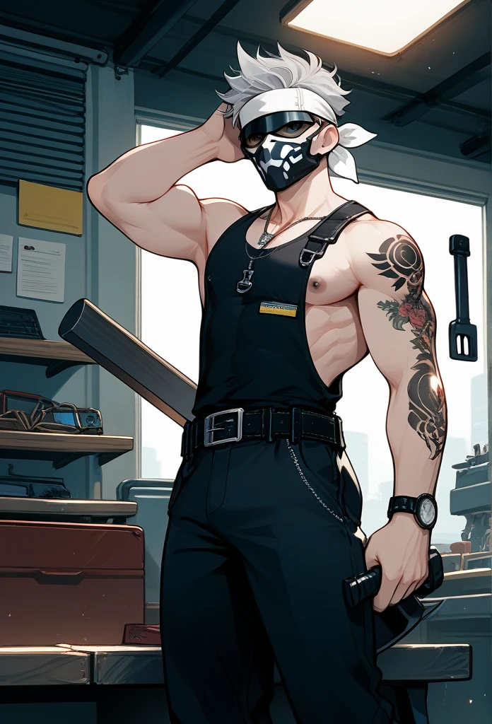 masterpiece, best quality, male, (masked face, full mask, covered face), black visor, white bandana, gray hair, short hair, spiky hair, mature body, muscular body, mechanic pants, tool belt, toolkit belt, workshop, tattoos, covered in tattoos, dragon tattoo, holding hammer