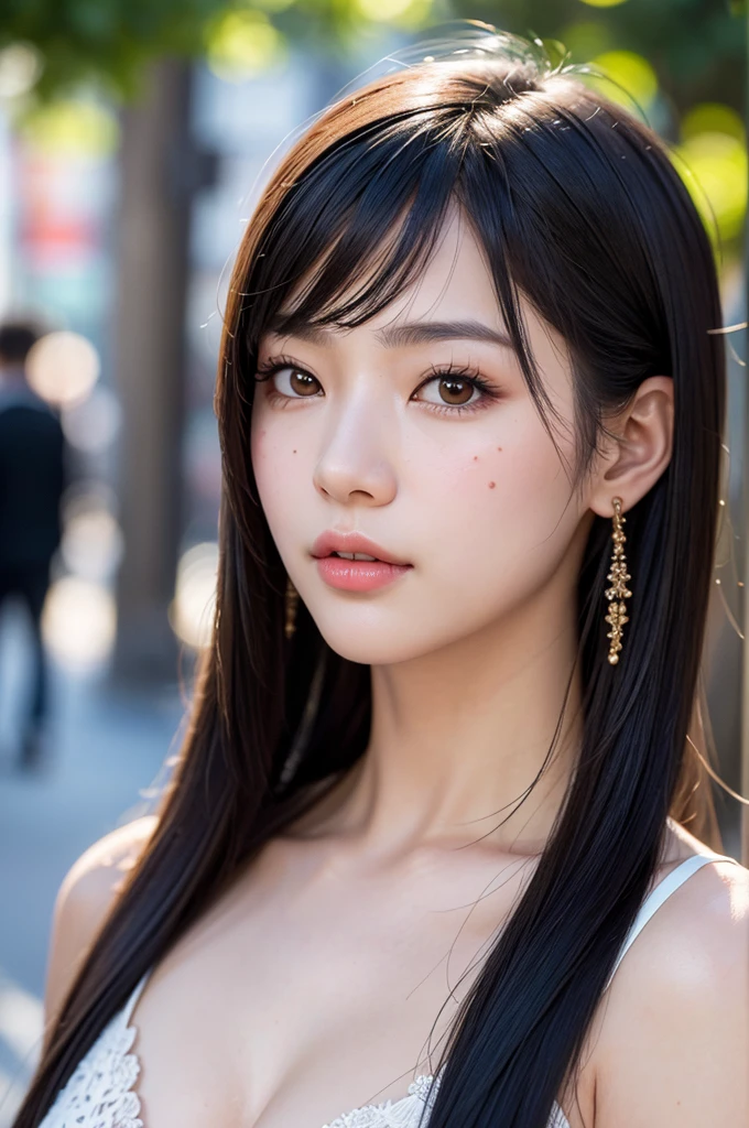 (masterpiece, best quality, hires, high resolution:1.2), (extremely detailed, intricate details, highres), (medium close-up:1.2) portrait on a (Tokyo street sunny background:1.2), (medium shot:1.2), (face focus:1.1), (soft focus:1.2), low lighting, (out of focus:1.2), bokeh, f1.4, 40mm, photorealistic, raw, 8k, ((textured skin:1.1, skin pores:0.3, realistic skin:1.1)), intricate details, 1girl, (ultra sharp image), black hair, perma straight hair style, very beautiful girl,