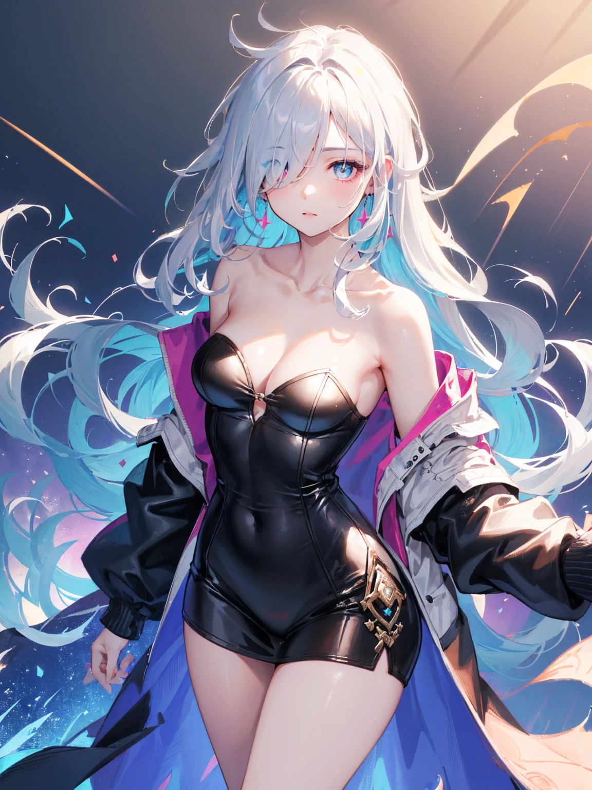 a cute age girl, about 160cm tall, perfect breasts, wearing jacket, open jacket, off shoulder, bare shoulder, perfect shoulder, detailed collarbone, perfect collarbone, bare neck, detailed iris, sparkle eyes, star in eyes, enchanting purple eyes, (multicolored eyes), (shining dust), (multicolored eyes), (heterochromia), (messy hair:1.3), (hair over one eye:1.3), (wavy hair:1.1), masterpiece, best quality, ultra quality, high quality, highres, ultla highres, absurdres, 4K, 8K, 16k, hyper detailed, intricate detailed, amazing shading, high contrast, realistic, photo realistic, RAW photo, photography, super fine illustration, foreshortening, perfect anatomy, correct anatomy, perfect proportion, perfect face, perfect hands, perfect legs, perfect fingers