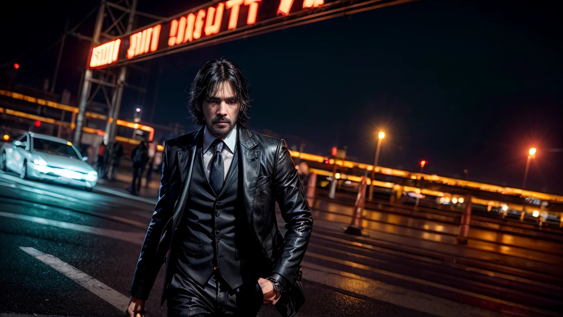 (Highest quality, Ultra HD, 16k, Masterpiece) Pawan Kalyan, portraying a character akin to John Wick, strides with purpose through the neon-lit streets of Tokyo at night. The shot is a medium view that captures him and the vibrant cityscape around him. Pawan Kalyan has a stoic and determined expression, his rugged features highlighted by subtle shadows and the glow of city lights. His hair is swept back, adding to his sharp and focused demeanor. He is dressed in a sleek, tailored suit that exudes both elegance and lethality. The suit, dark in color, fits him perfectly, accentuating his athletic physique. Underneath the jacket, he wears a crisp dress shirt with an open collar, revealing a hint of a tactical vest and holster harness underneath. His pants are tailored for movement, paired with polished leather shoes that reflect the city's lights with each step. Pawan Kalyan holds a customized pistol in one hand, the weapon gleaming under the neon lights, held in a stylized and confident manner akin to John Wick's iconic pose. His other hand rests casually in his pocket, a subtle yet powerful gesture that adds to his aura of calm readiness. In the background, Tokyo's streets buzz with life, illuminated by a myriad of neon signs and bustling with a blend of traditional and modern architecture. The city skyline looms in the distance, a testament to its vibrant and dynamic atmosphere. The shot captures the essence of urban elegance and danger, with Pawan Kalyan's presence as the focal point amidst the city's nocturnal energy. The lighting is cinematic, with contrasts that emphasize both the sharp lines of his attire and the depth of the urban backdrop. The overall scene encapsulates the essence of a modern-day warrior navigating a world where danger lurks around every corner, blending style with lethal precision. Zoomed out shot, long shot, (((long shot)))
