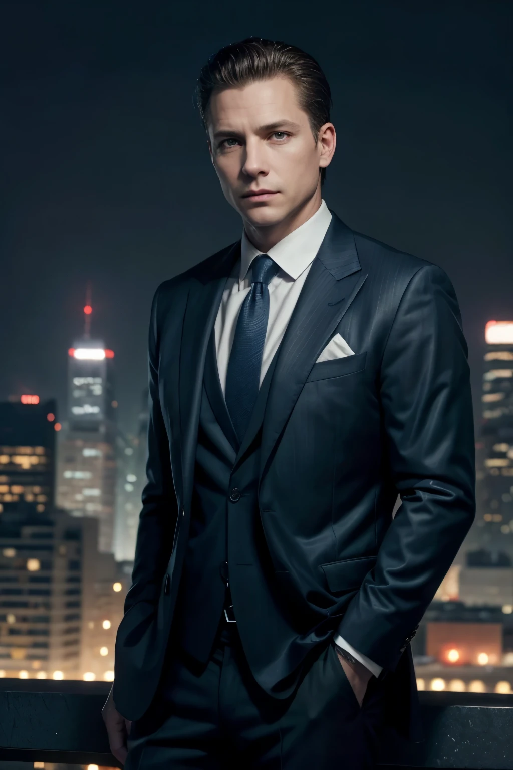 45 year old man looking like Harvey Specter in a suit. Night city in the background.