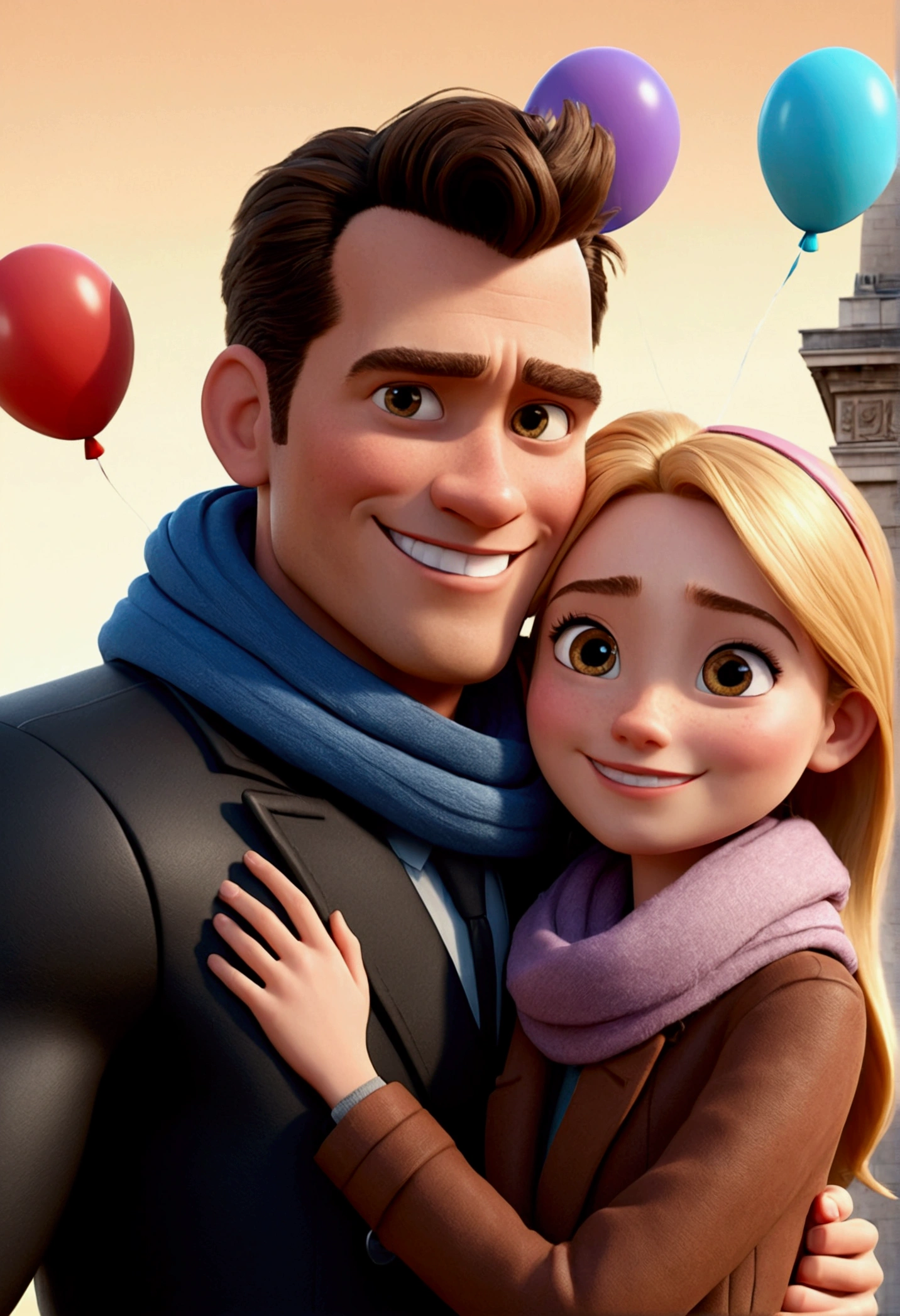 Cartoon character of a tall man 27 years old, smiling happy in black coat animation character, hugging a 24-year-old woman with long, blonde hair and a small stature, smiling happily in brown coat and scarf, in front of the Arc de Triomphe in Paris. with balloons from the movie up. stylized character, animation style rendering, 3d stylized, Arnold Maya rendering, Stylized 3D rendering, toon render screenshot, 3d character, 3d character, Stylized 3D rendering, 3D character rendering, cartoon character, Personagem de close up, showing half body, photo orientation horizontally (Pixar-style) (master part:1.2) (bokeh) (best qualityer) (skin detailed) (detailed texture) (8k) (Argilla) (cinematic lighting) (sharp focus