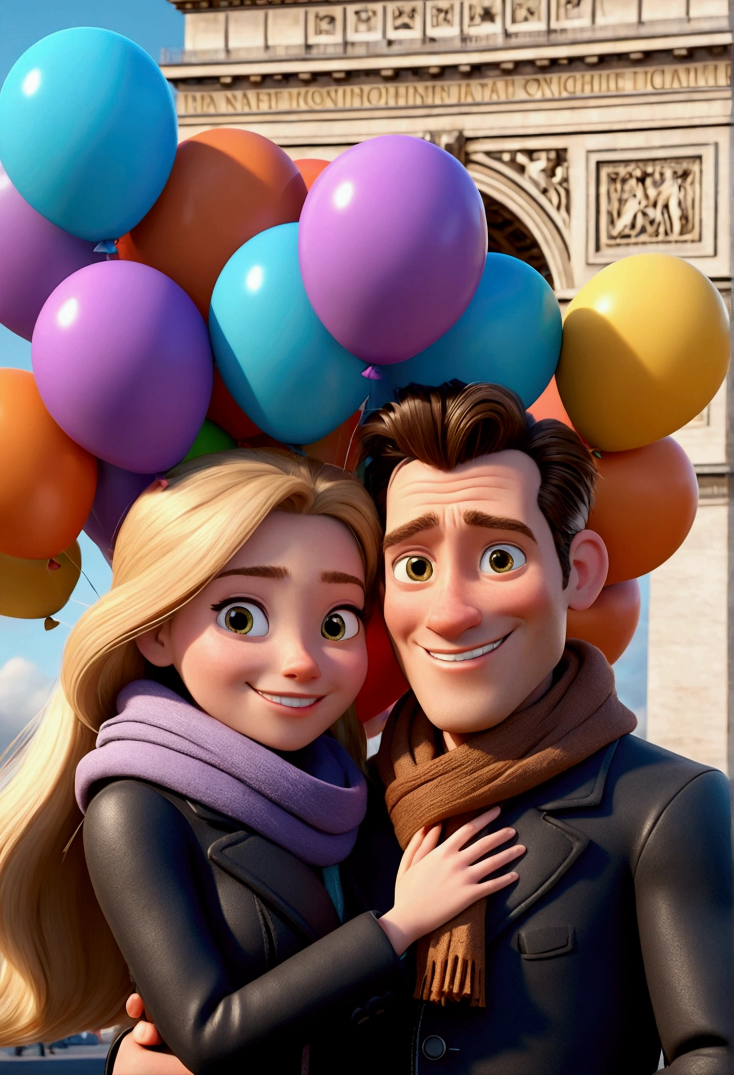 Cartoon character of a tall man 27 years old, smiling happy in black coat animation character, hugging a 24-year-old woman with long, blonde hair and a small stature, smiling happily in brown coat and scarf, in front of the Arc de Triomphe in Paris. with balloons from the movie up. stylized character, animation style rendering, 3d stylized, Arnold Maya rendering, Stylized 3D rendering, toon render screenshot, 3d character, 3d character, Stylized 3D rendering, 3D character rendering, cartoon character, Personagem de close up, showing half body, photo orientation horizontally (Pixar-style) (master part:1.2) (bokeh) (best qualityer) (skin detailed) (detailed texture) (8k) (Argilla) (cinematic lighting) (sharp focus