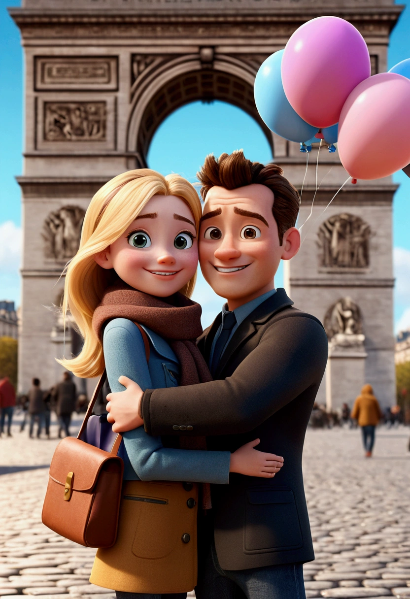 Cartoon character of a tall man 27 years old, smiling happy in black coat animation character, hugging a 24-year-old woman with long, blonde hair and a small stature, smiling happily in brown coat and scarf, in front of the Arc de Triomphe in Paris. with balloons from the movie up. stylized character, animation style rendering, 3d stylized, Arnold Maya rendering, Stylized 3D rendering, toon render screenshot, 3d character, 3d character, Stylized 3D rendering, 3D character rendering, cartoon character, Personagem de close up, showing half body, photo orientation horizontally (Pixar-style) (master part:1.2) (bokeh) (best qualityer) (skin detailed) (detailed texture) (8k) (Argilla) (cinematic lighting) (sharp focus